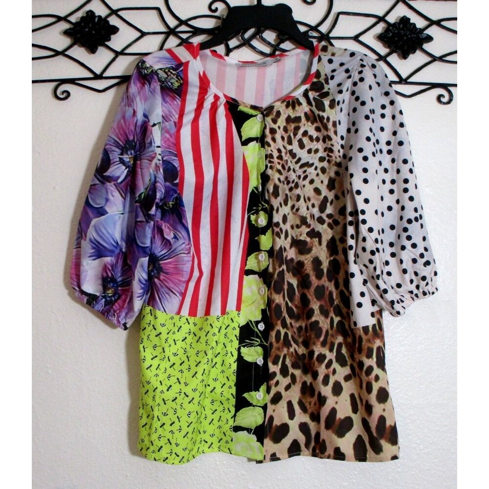 Miss Look Women's Top Size M 3/4 Sleeve Multicolored Floral Round Neck